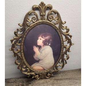 Vintage 10" x 13" Ornate Metal w Convex Bubble Glass Picture Frame Praying Child